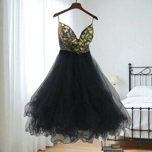 Babydoll Evening Dress Jeweled Black Gold Cocktail Prom New Years Eve Party  2